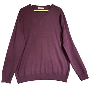 Woolovers Sweater Mens XL Plum V Neck Fine Knit Washable Merino Wool Classic